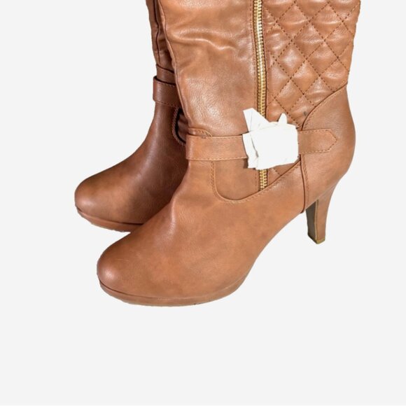 Top Moda Brown Quilted Knee High Boots Women’s 10 New 3” Heel Gold Hardware - Picture 12 of 14